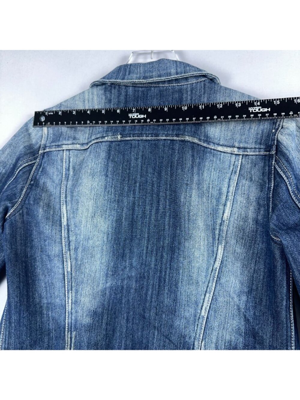 Almost Famous Cropped Denim Jacket Size Medium Button Front Long Sleeve Blue - Picture 10 of 12